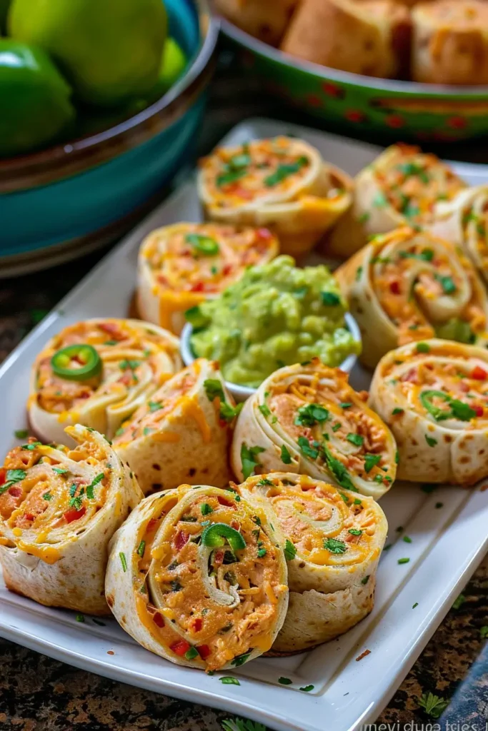 Chicken Taco Pinwheels served with salsa and guacamole