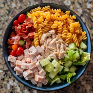Club Sandwich Pasta Salad Bowl with chicken, bacon, and cheddar