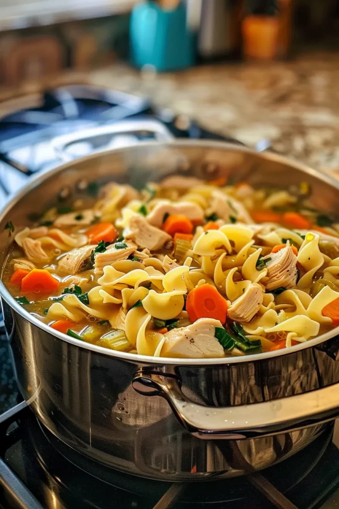 Cooking crack chicken noodle soup on stovetop