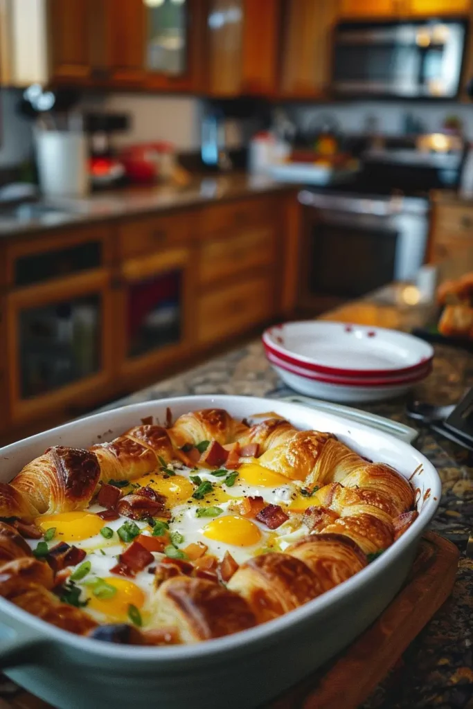 Assembling croissant breakfast casserole