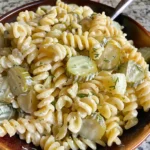 Dill Pickle Pasta Salad in a bowl