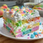 Colorful Easter Poke Cake with pastel decorations