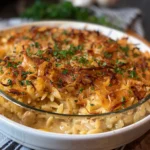 French Onion Chicken Orzo Casserole baked with melted cheese