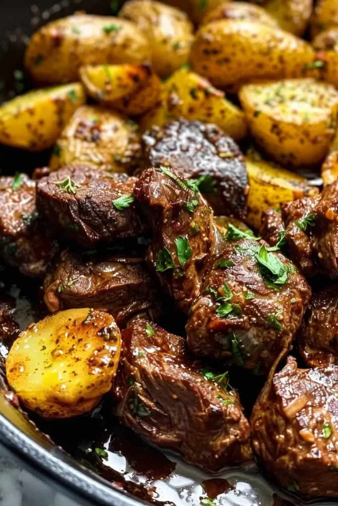 Garlic Butter Beef Bites & Potatoes – Quick, Flavorful Comfort Meal 3 Garlic Butter Beef Bites & Potatoes served on a rustic plate with parsley garnish
