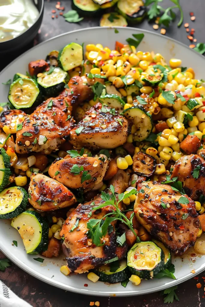 Serving garlic butter chicken with zucchini and corn on a plate