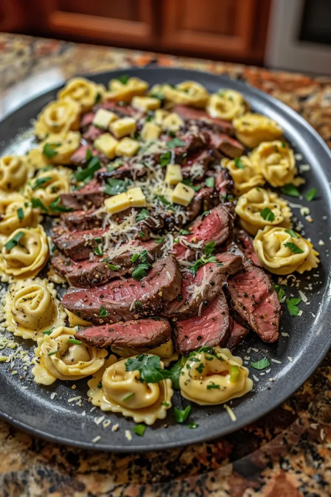 Garlic steak tortellini served in a white bowl with parsley garnish