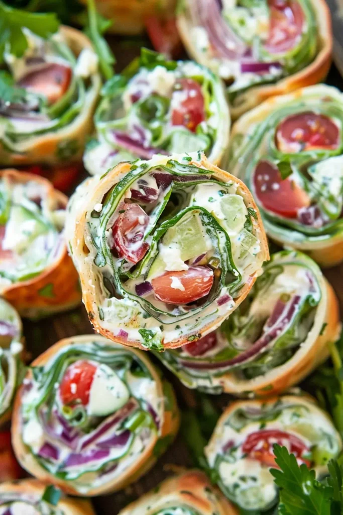 Greek Salad Pinwheels: Fresh, Flavorful, and Fun Appetizers 4 Greek Salad Pinwheels served on a party platter