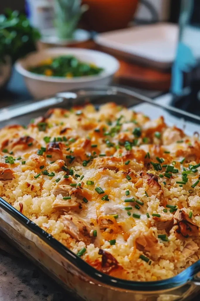 Healthy Chicken Cauliflower Rice Casserole served on plate
