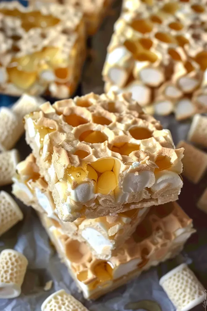 Honeycomb Marshmallow Treats – Sweet, Crunchy, and Fun to Make 4 Honeycomb Marshmallow Treats served on a dessert plate