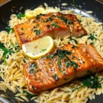Lemon salmon orzo served warm in a skillet