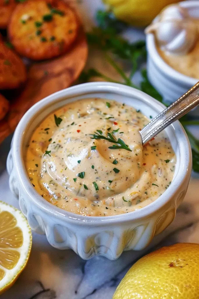 Louisiana Remoulade Sauce: Tangy, Spicy, and Irresistibly Homemade 3 Louisiana Remoulade Sauce served with fried shrimp