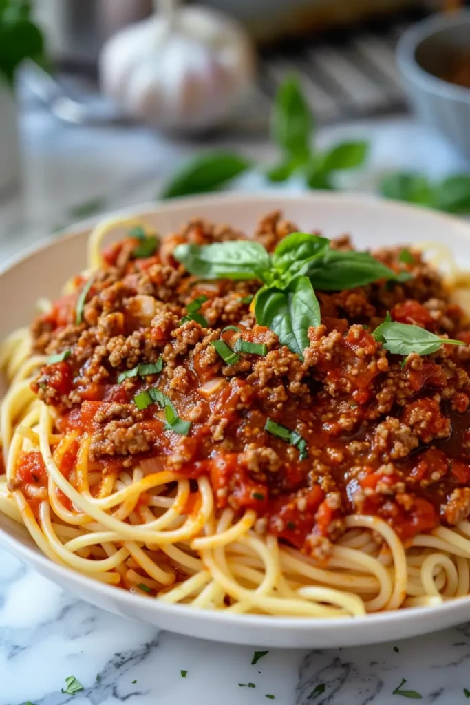 Homemade Meat Sauce Recipe – Easy, Flavorful, and Family-Friendly 3 Meat sauce served over pasta