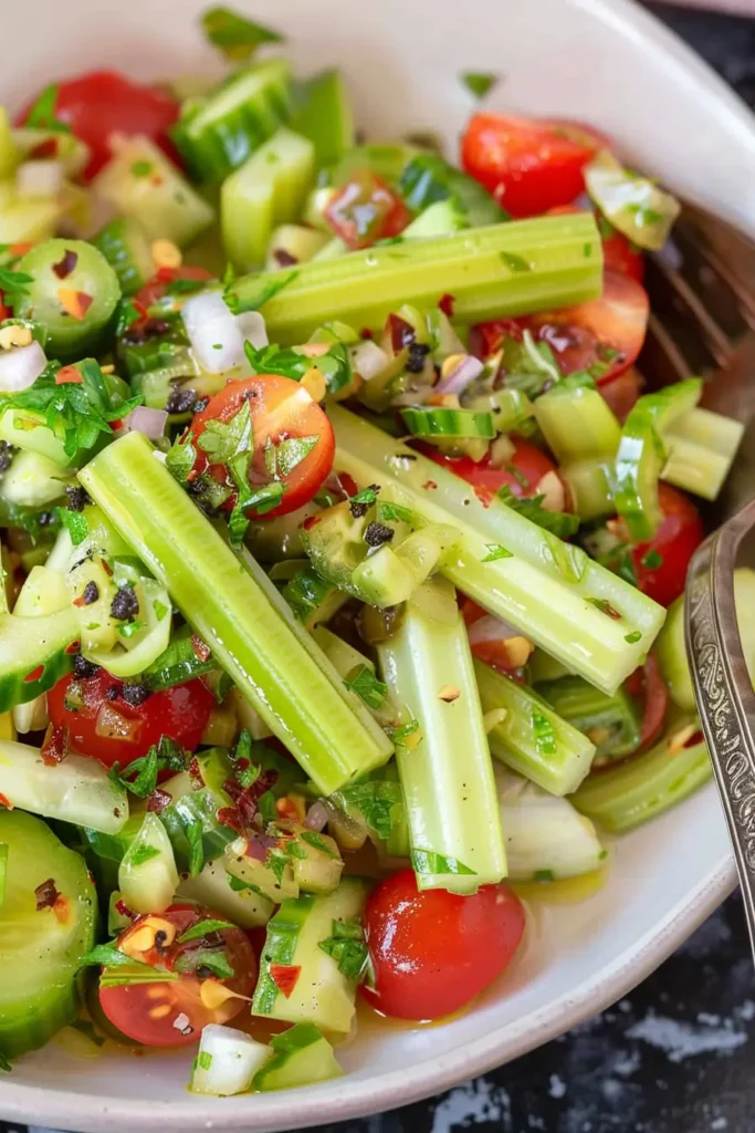 Served Mediterranean Celery Salad ready to eat