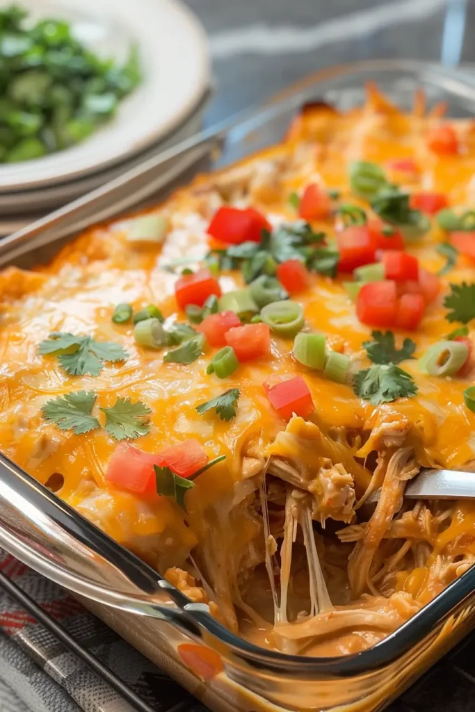 Mexican Chicken Casserole served on a plate with lime and cilantro