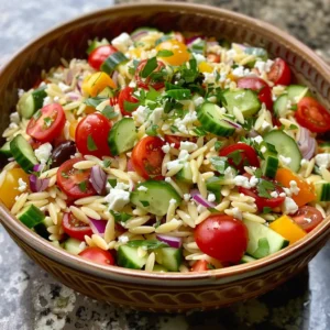 Colorful orzo salad with vegetables in a bowl