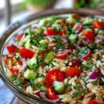 Orzo salad served in a bowl with lemon wedge