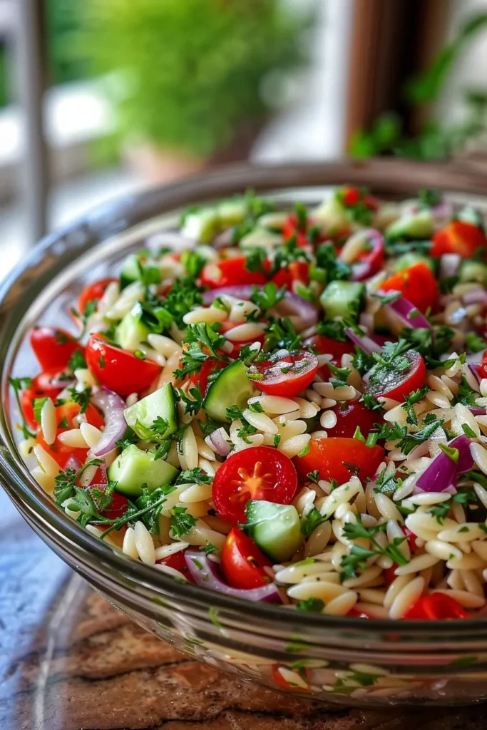 Orzo salad served in a bowl with lemon wedge
