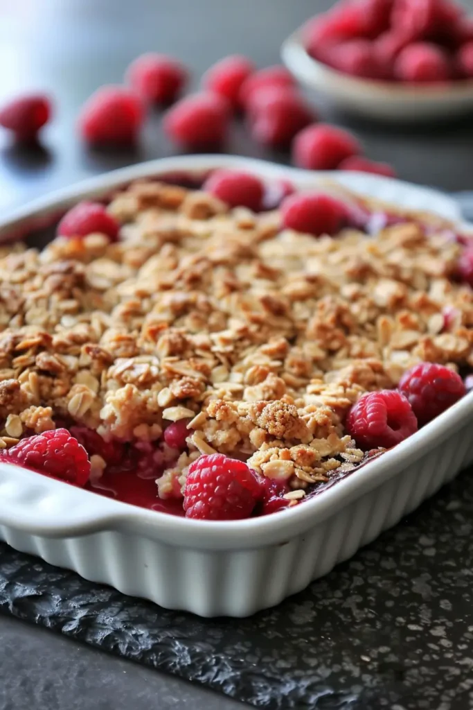 Serving raspberry crumble in a bowl