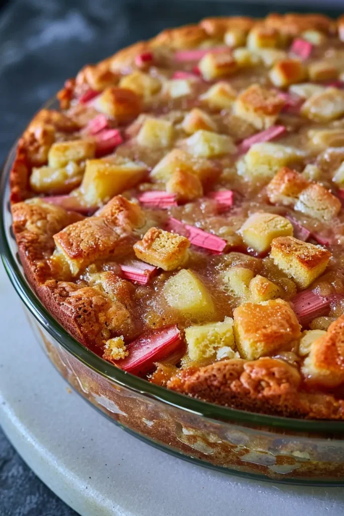 Rhubarb Cake slice with Butter Sauce on plate