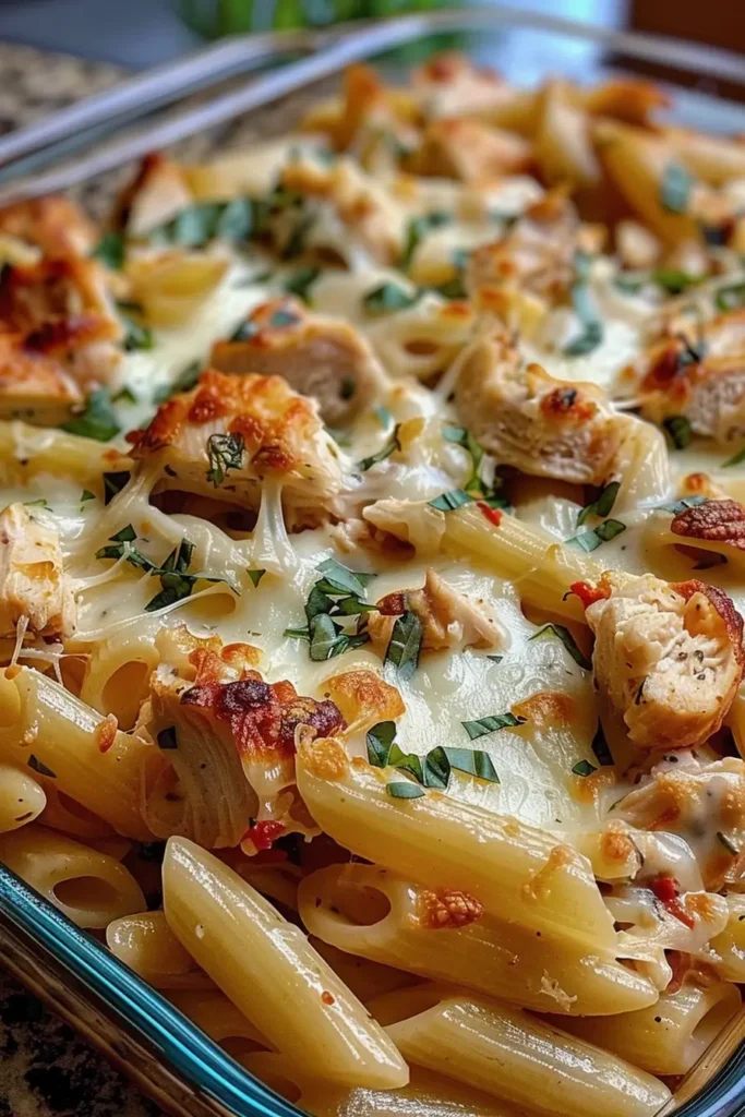Plate of Chicken Mozzarella Pasta served