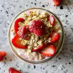 Strawberry Cheesecake Overnight Oats in a glass jar topped with fresh strawberries
