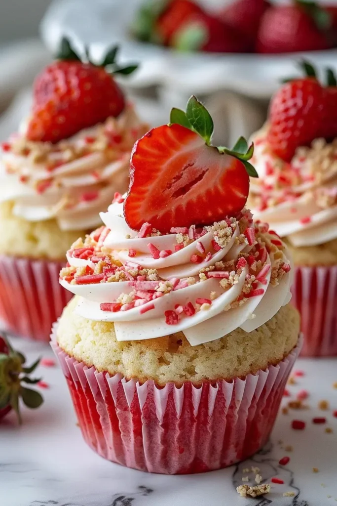 Served strawberry crunch cupcakes on a plate
