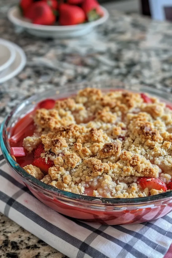Strawberry Rhubarb Crumble Recipe: Sweet, Tangy, and Comforting 3 erving of Strawberry Rhubarb Crumble in a bowl with ice cream