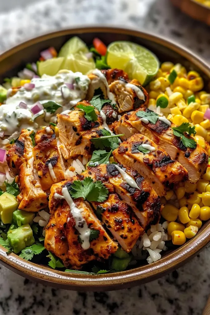 Assembled Street Corn Chicken Bowl with toppings