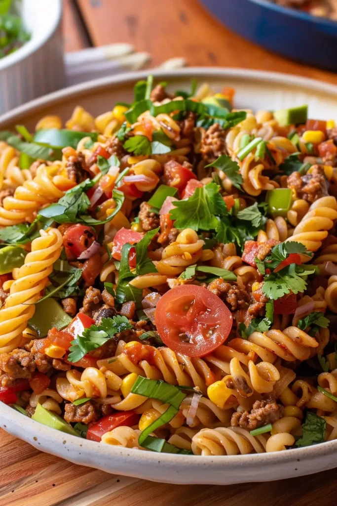 Taco Pasta Salad: Easy, Flavor-Packed Recipes for Any Occasion 3 Served taco pasta salad in a bowl ready to eat