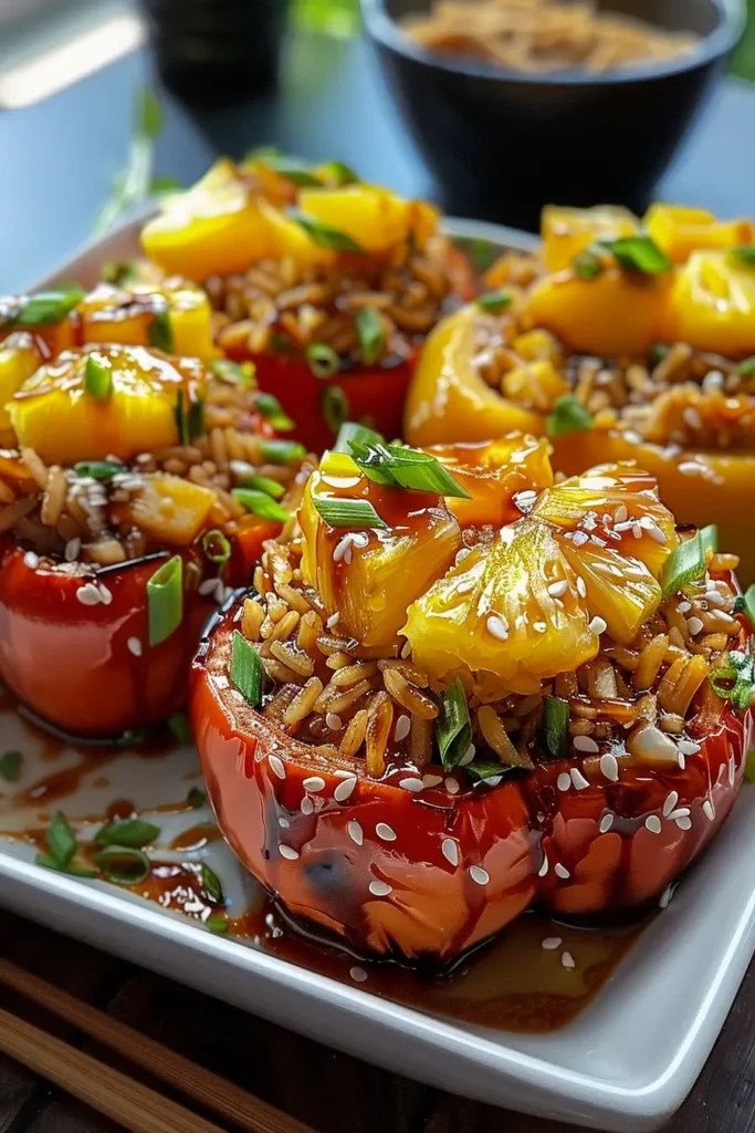 Teriyaki pineapple chicken stuffed peppers served on plate
