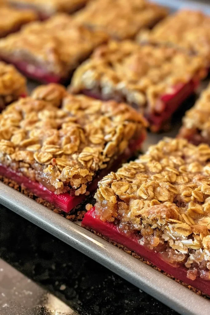 Serving Amish Oatmeal Rhubarb Bars on a dessert plate