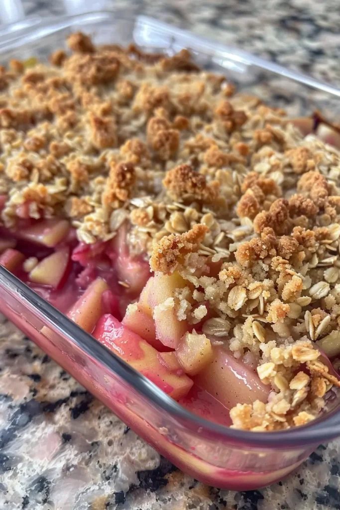 Served Apple Rhubarb Crisp with ice cream