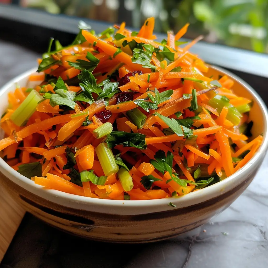 Fresh carrot salad with herbs and dressing in a bowl