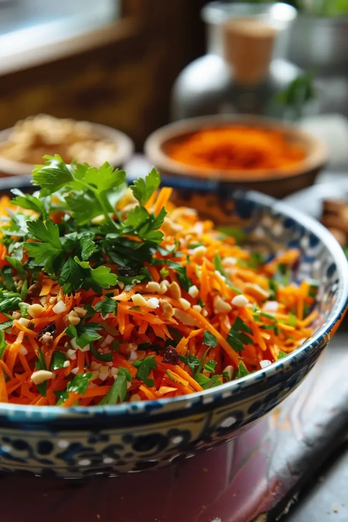 Carrot salad served in a bowl with dressing