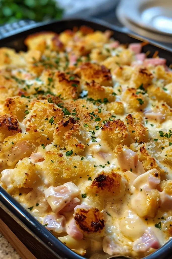 Serving Chicken Cordon Bleu Casserole on plate