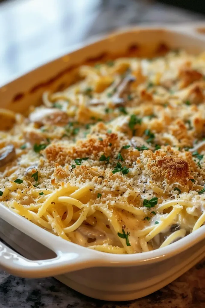Serving creamy chicken tetrazzini casserole on plate
