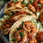 Served cilantro lime shrimp tacos with creamy slaw