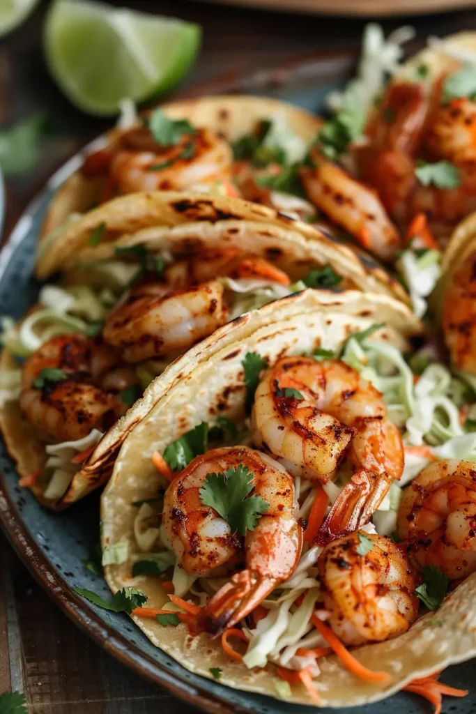 Served cilantro lime shrimp tacos with creamy slaw