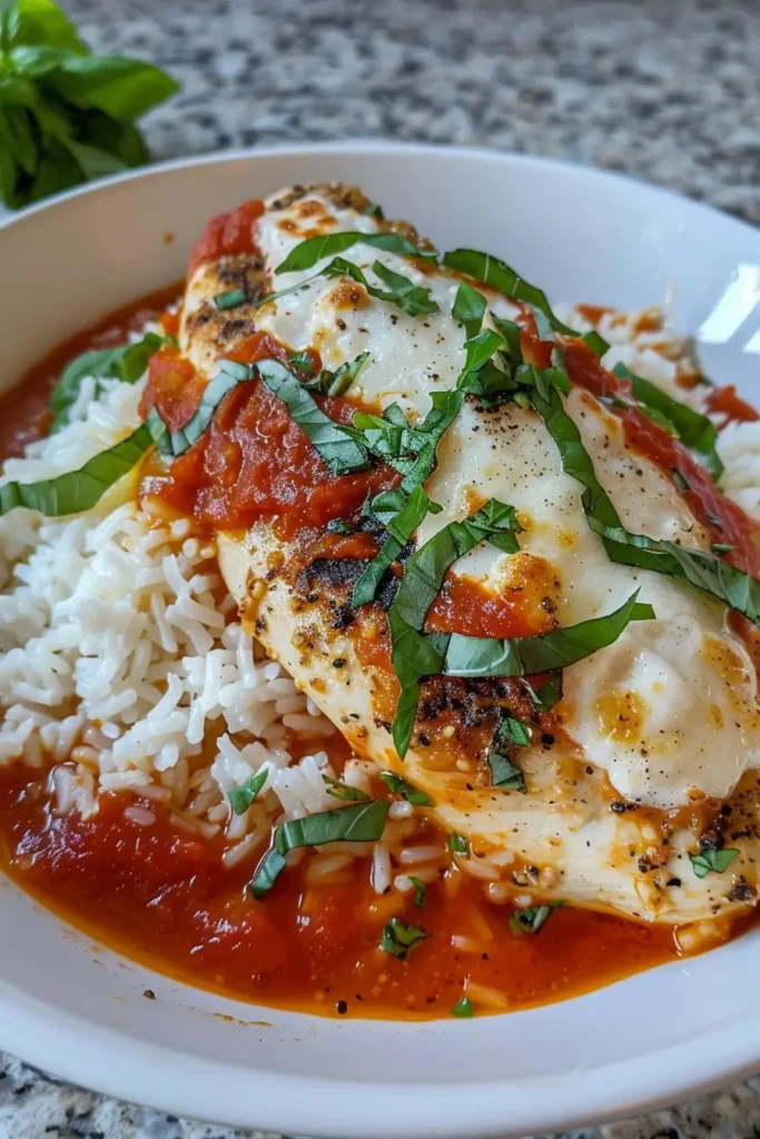 Cottage Cheese Chicken Parm Bowl – Healthy, Easy, and Flavorful 5 Cottage Cheese Chicken Parm Bowl plated and garnished