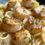 Served creamy mozzarella scallop pasta in a bowl