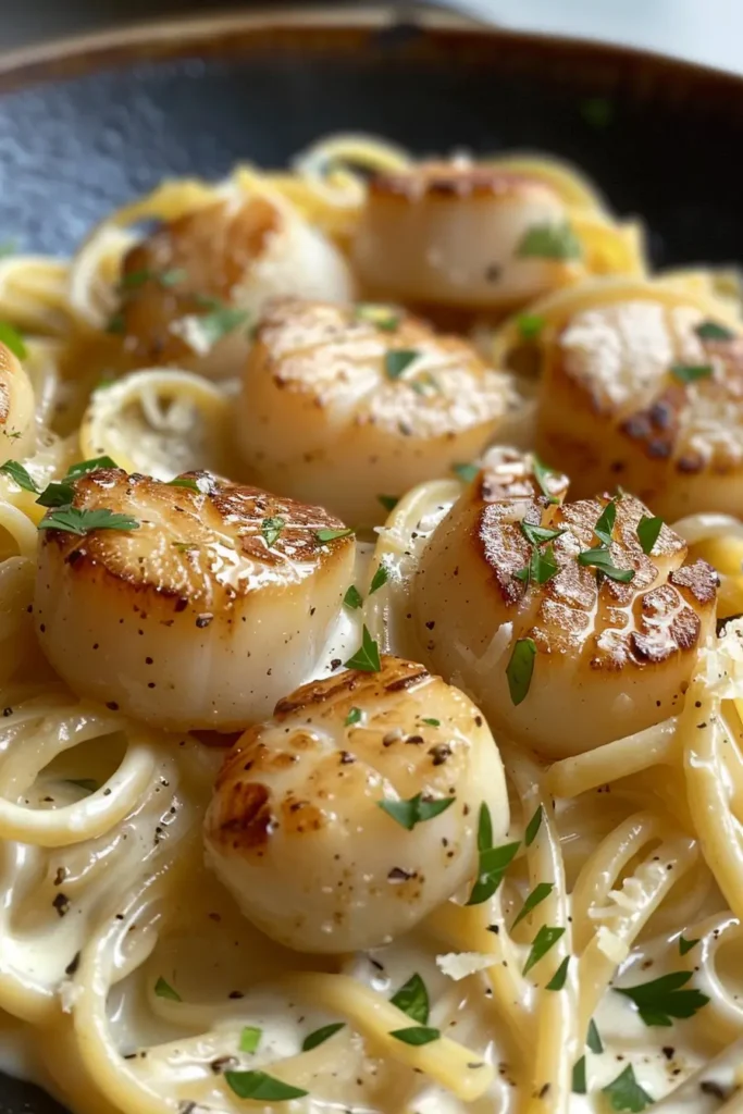 Served creamy mozzarella scallop pasta in a bowl