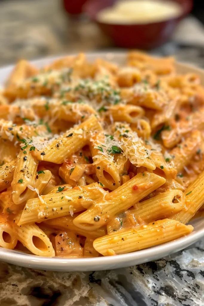 Creamy Tomato Garlic Pasta served with Parmesan and herbs
