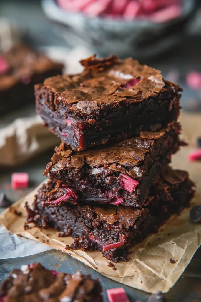 Served Dark Chocolate Rhubarb Brownies on a plate