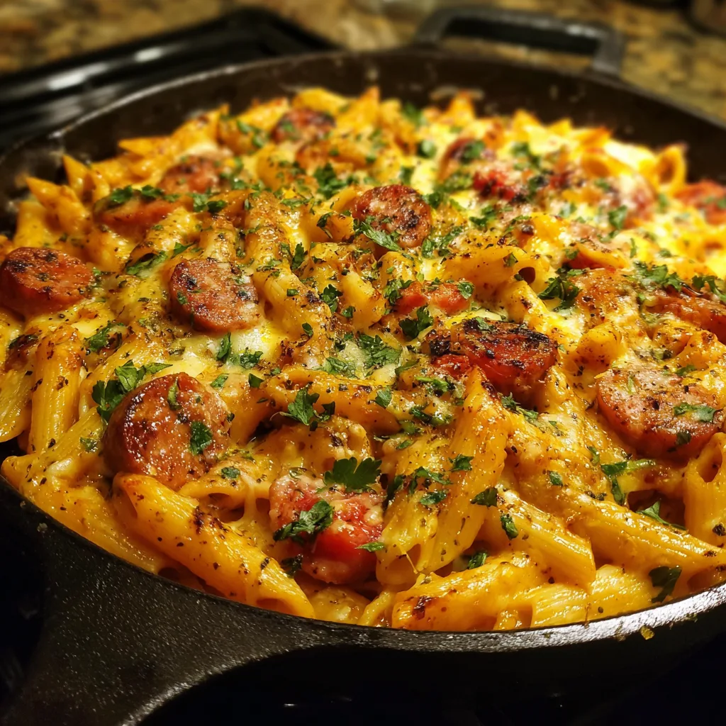 One Pan Cheesy Smoked Sausage & Pasta