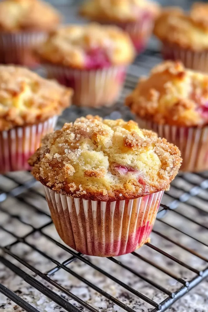Fluffy Rhubarb Muffins served on a plate with a cup of tea