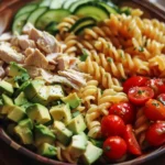 Served Healthy Chicken Pasta Salad with Avocado