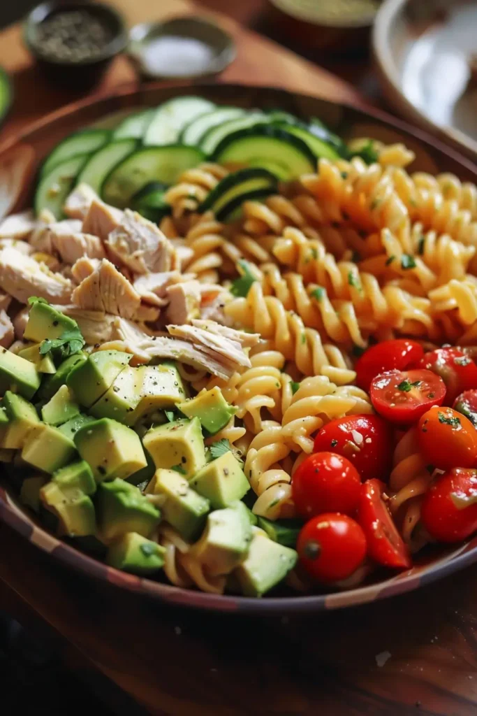Served Healthy Chicken Pasta Salad with Avocado