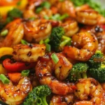 Served Honey Garlic Shrimp Stir Fry in skillet with green onions