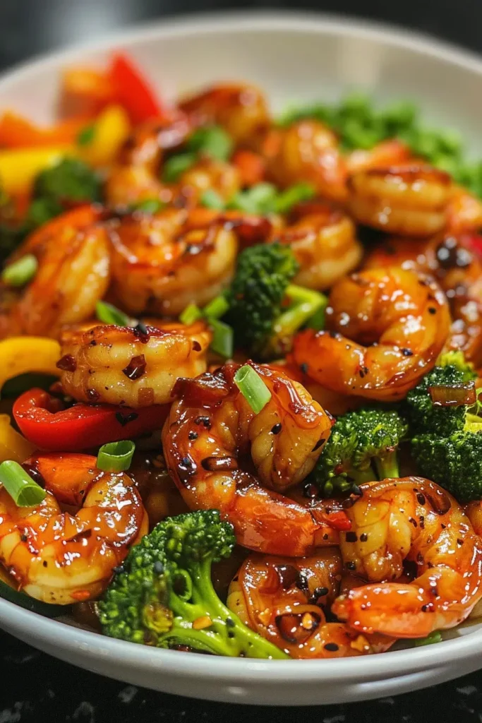 Served Honey Garlic Shrimp Stir Fry in skillet with green onions