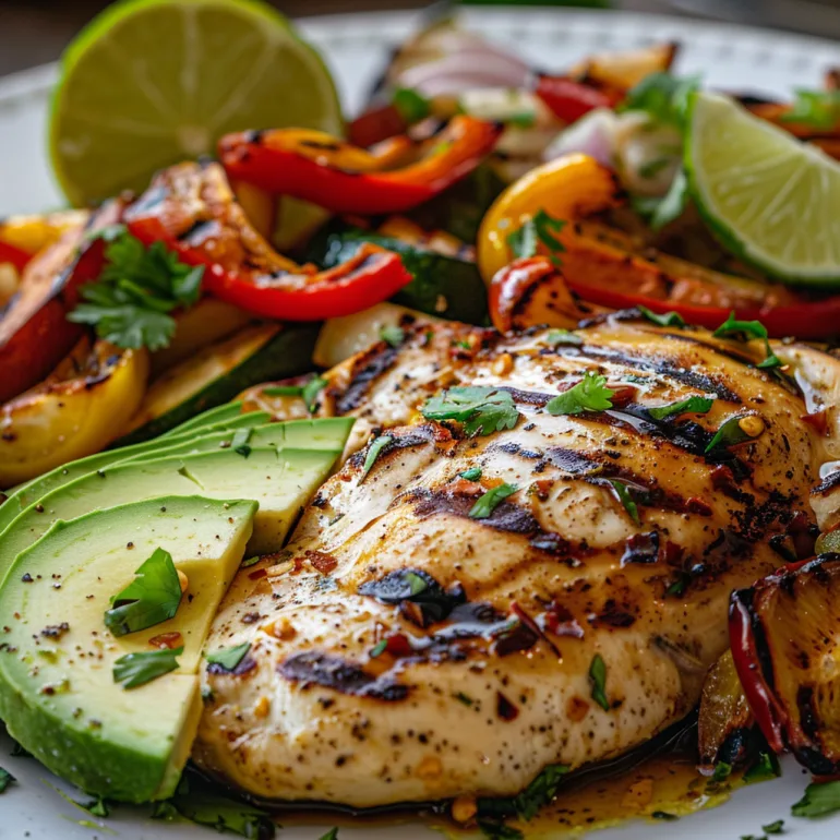 Homemade grilled California avocado chicken with sliced avocado and lime on a plate.